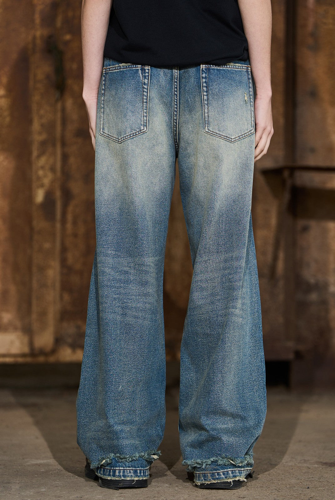 BLINDNOPLAN Distressed Washed Straight Jeans in Blue - On Model