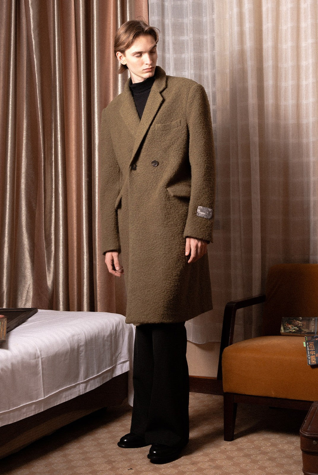 SOD Oversized Double Breasted Wool Blend Coat in Green - On Male Model