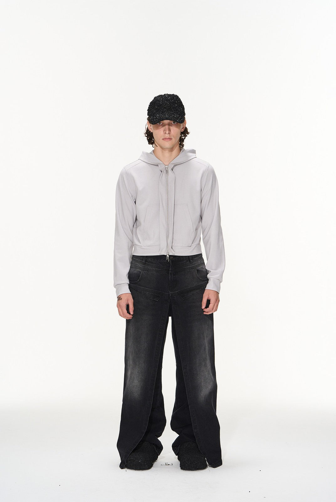 BLINDNOPLAN Cropped Zip Up Hoodie with Structured Trim in Gray - On Male Model
