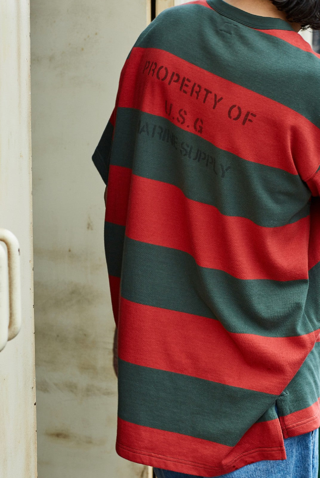 USAGE Wide Striped Cotton Pocket T Shirt in Green - On Model