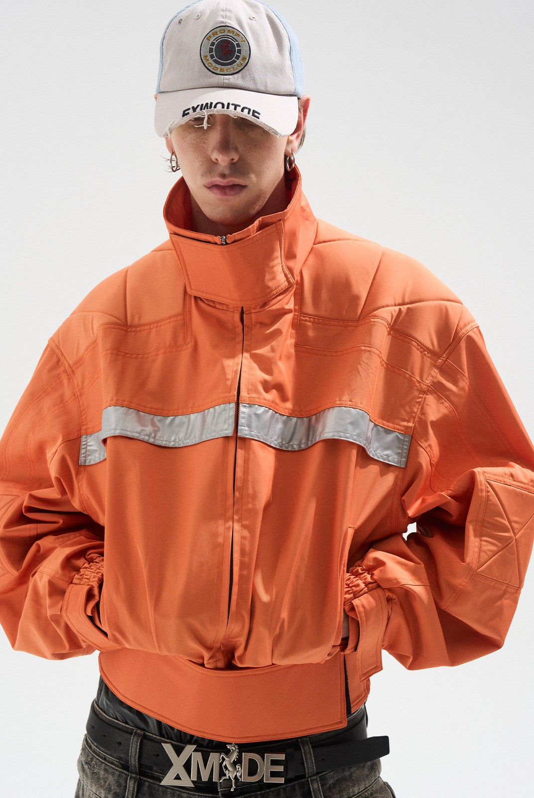 BLINDNOPLAN Reflective Strip Stand Collar Jacket in Orange - On Male Model