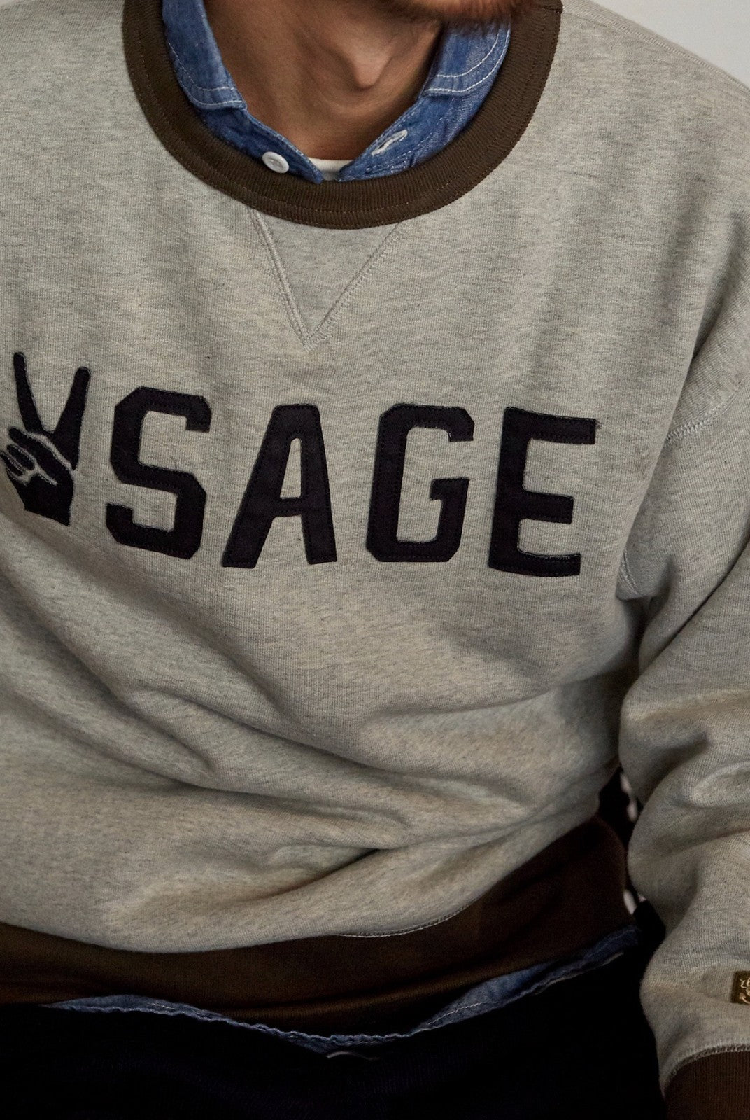 USAGE Graphic Two Tone Cotton Sweatshirt in Gray - On Male Model