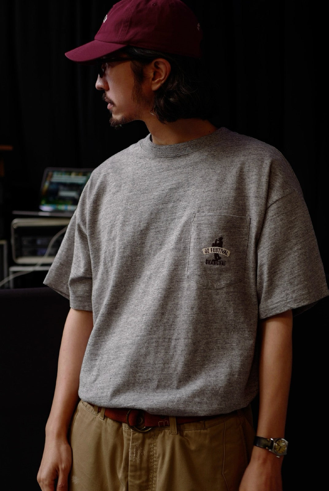 USAGE JZ Festival Graphic Cotton T Shirt in Gray - On Male Model