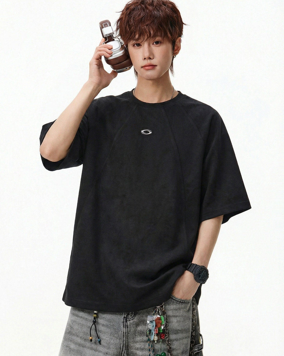MASONPRINCE Faux Suede Embroidered T Shirt in Black - On Male Model