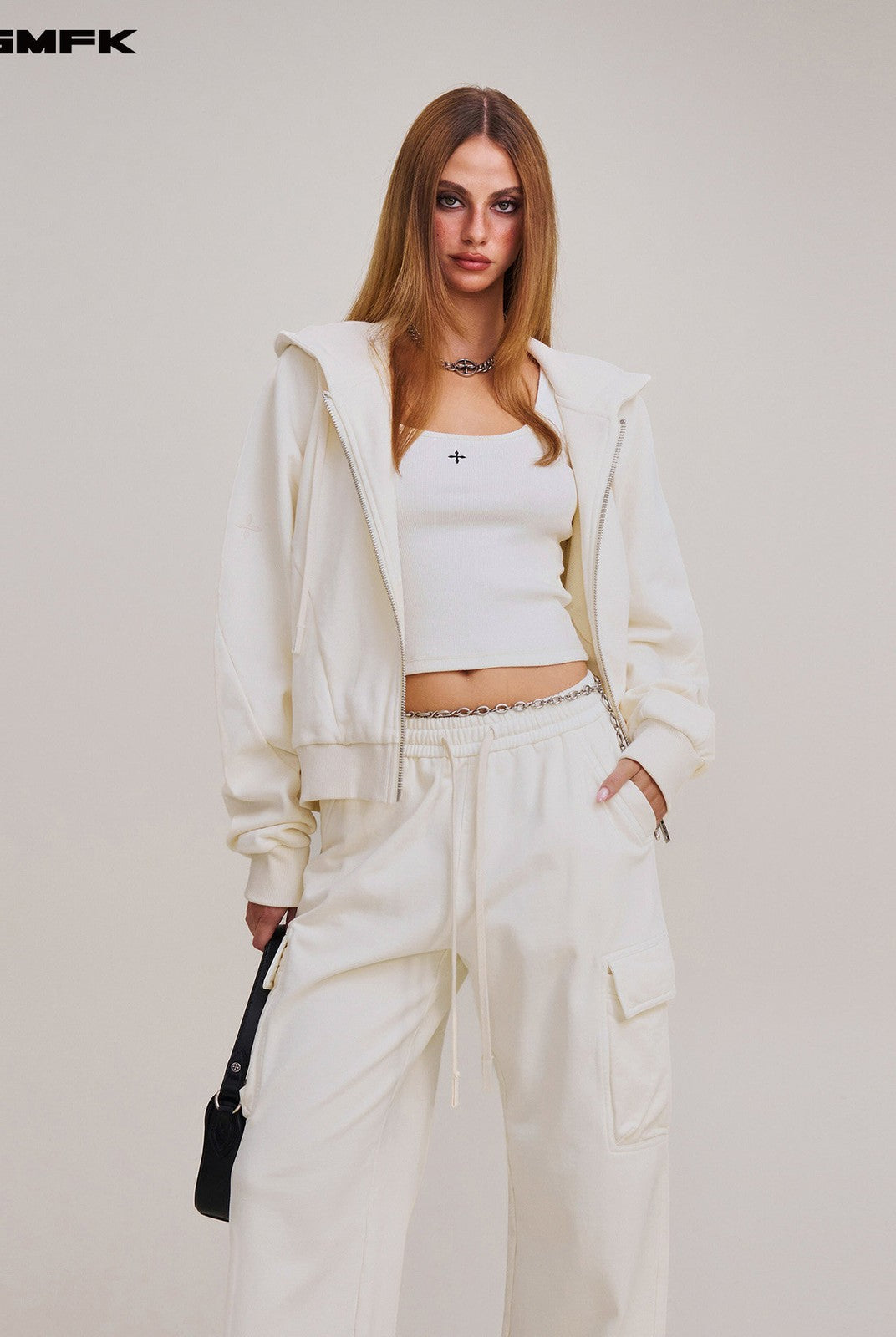 SMFK Garment Dyed Cotton Zip Up Hoodie in White - On Female Model