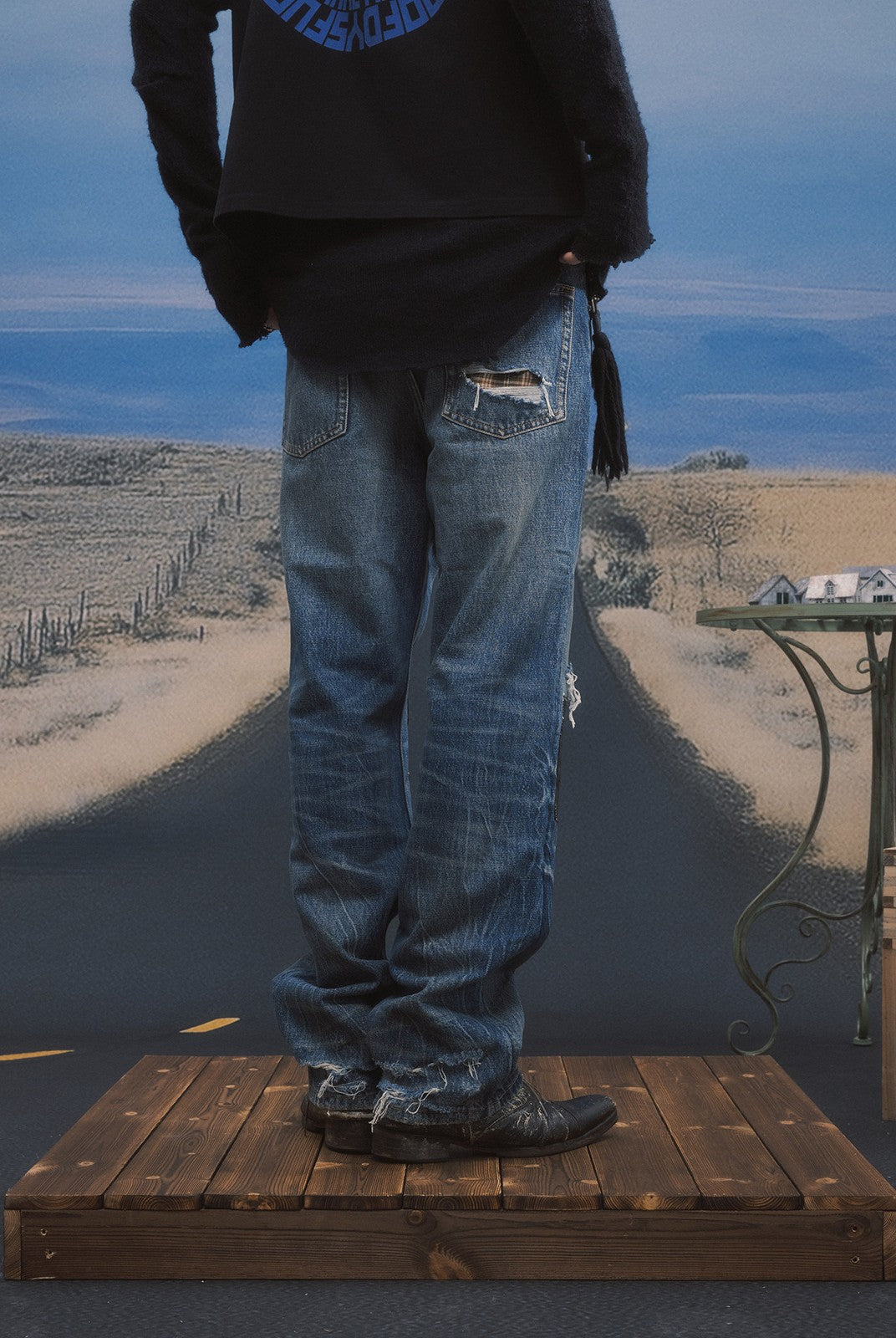 SOD Distressed Patchwork Jeans in Blue - On Model