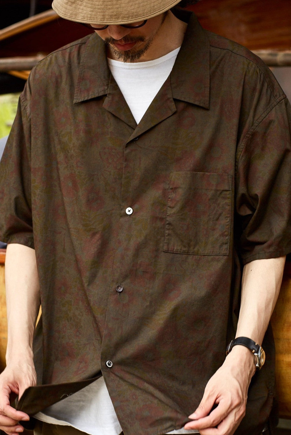USAGE Floral Japanese Cotton Aloha Shirt in Brown - On Male Model