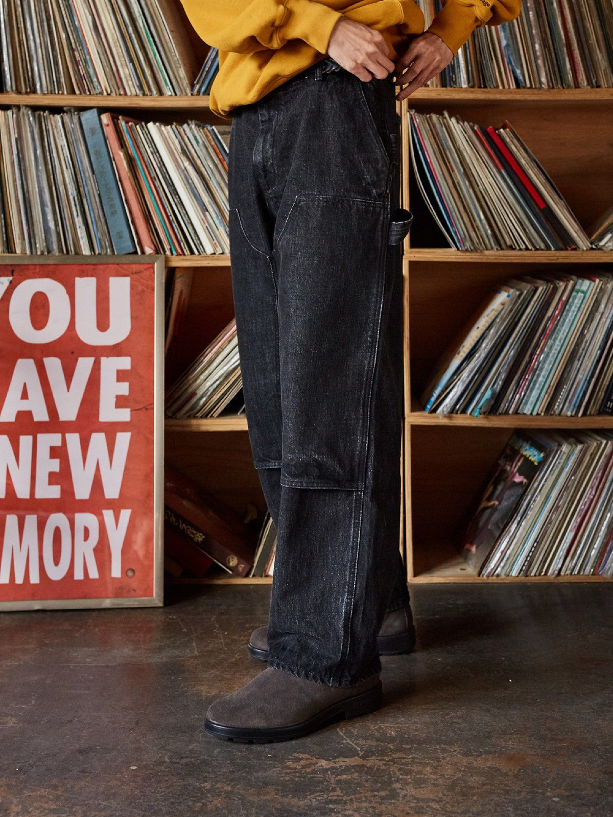 USAGE Washed Denim Double Knee Trousers in Black - On Model