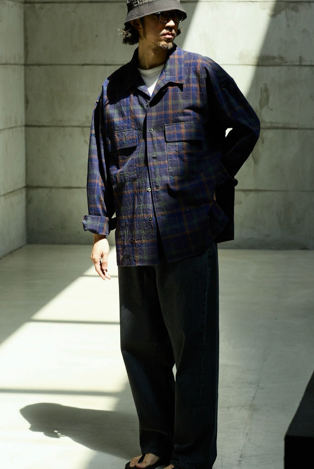 USAGE Washed Crinkle Plaid Open Collar Shirt in Navy Blue - On Male Model