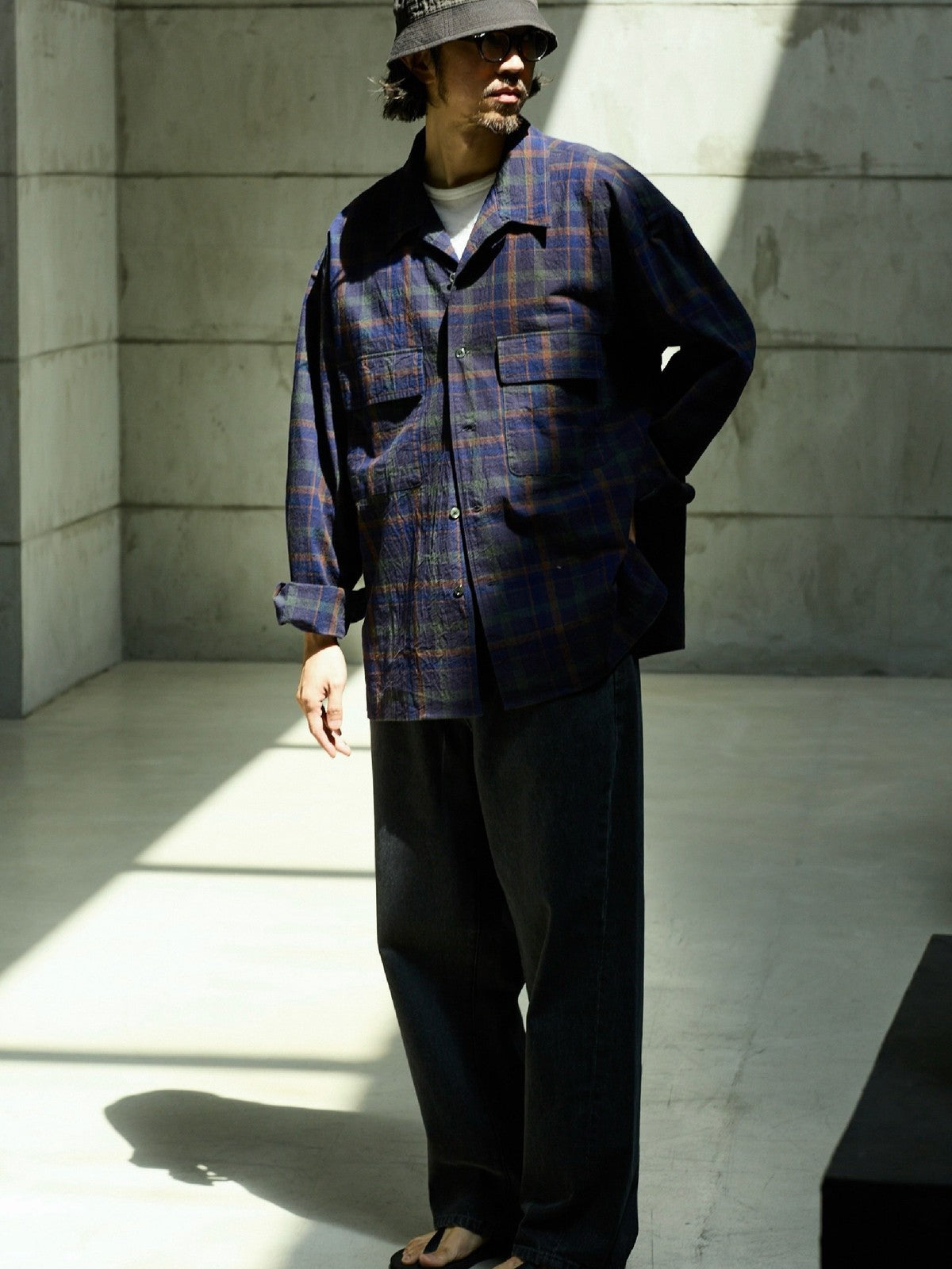 USAGE Washed Crinkle Plaid Open Collar Shirt in Navy Blue - On Male Model