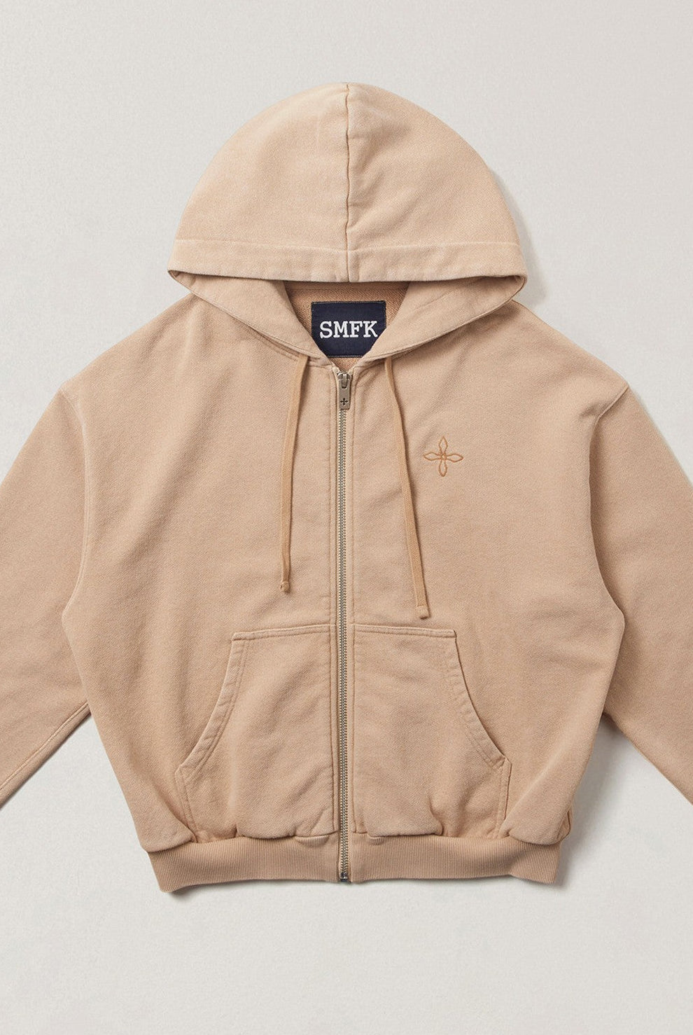 SMFK Cross Embroidered Cotton Zip Up Hoodie in Beige