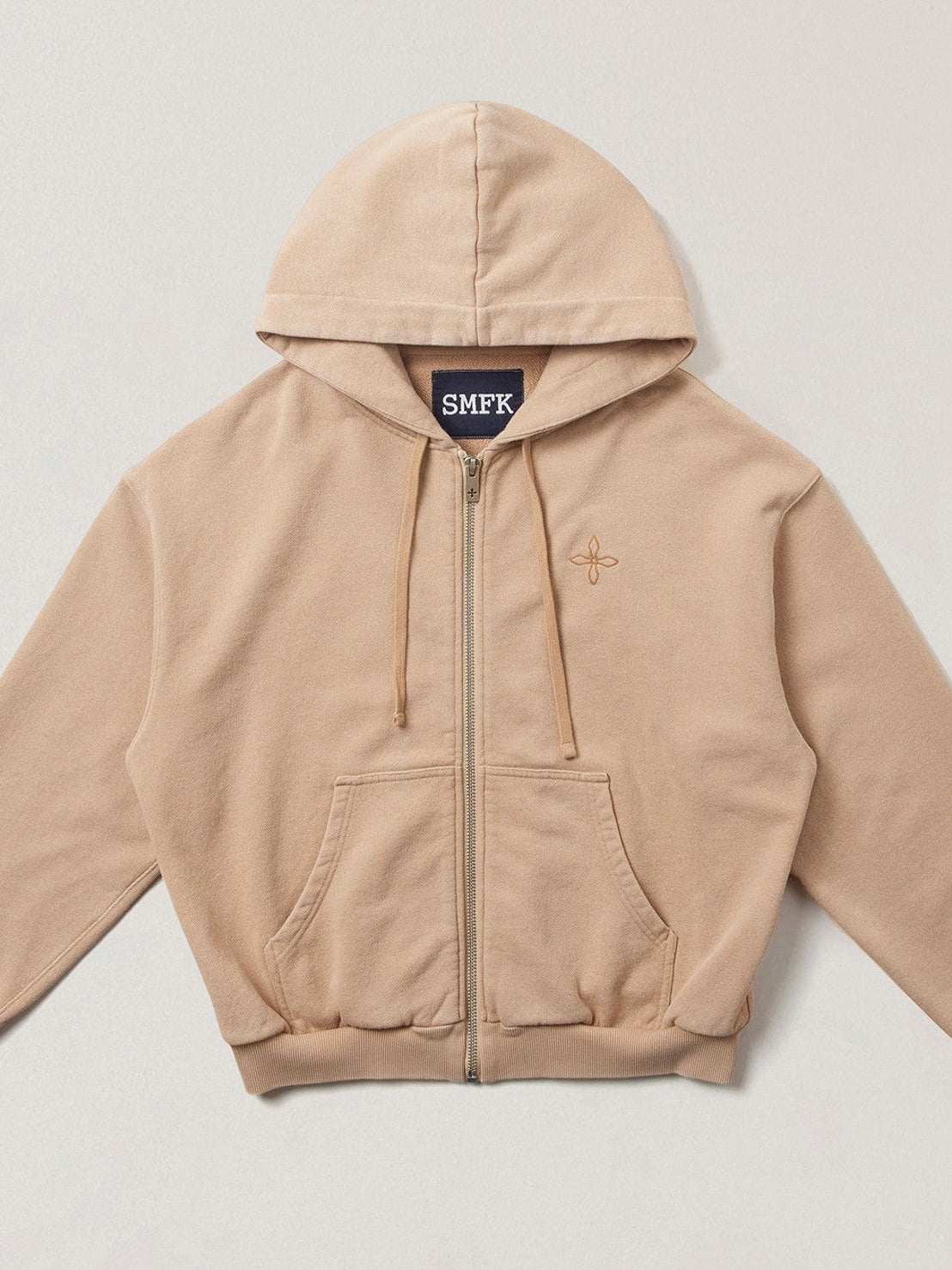 SMFK Cross Embroidered Cotton Zip Up Hoodie in Beige