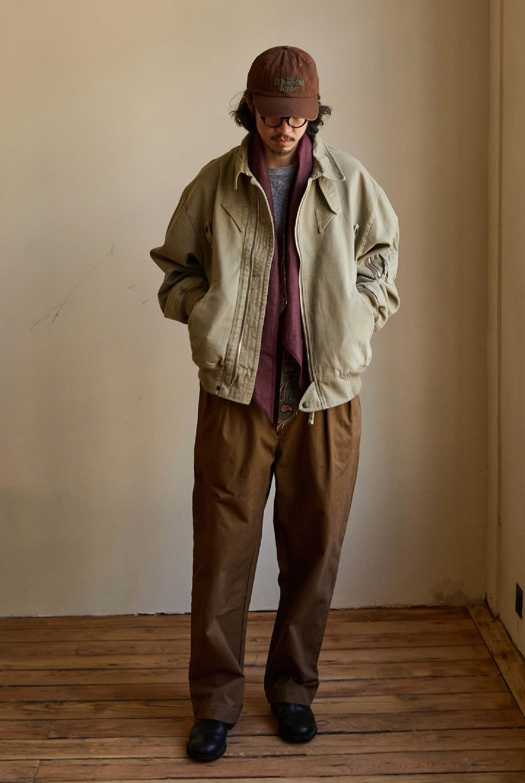 USAGE Washed Cotton Lyocell B 15 Bomber in Khaki - On Male Model