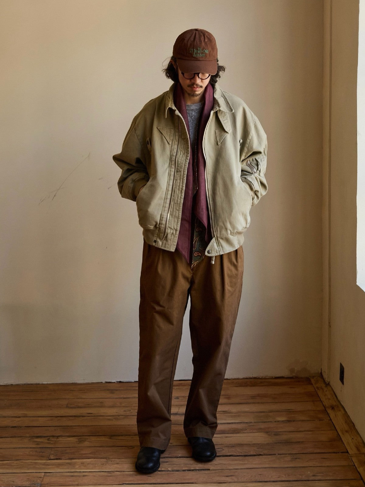 USAGE Washed Cotton Lyocell B 15 Bomber in Khaki - On Male Model