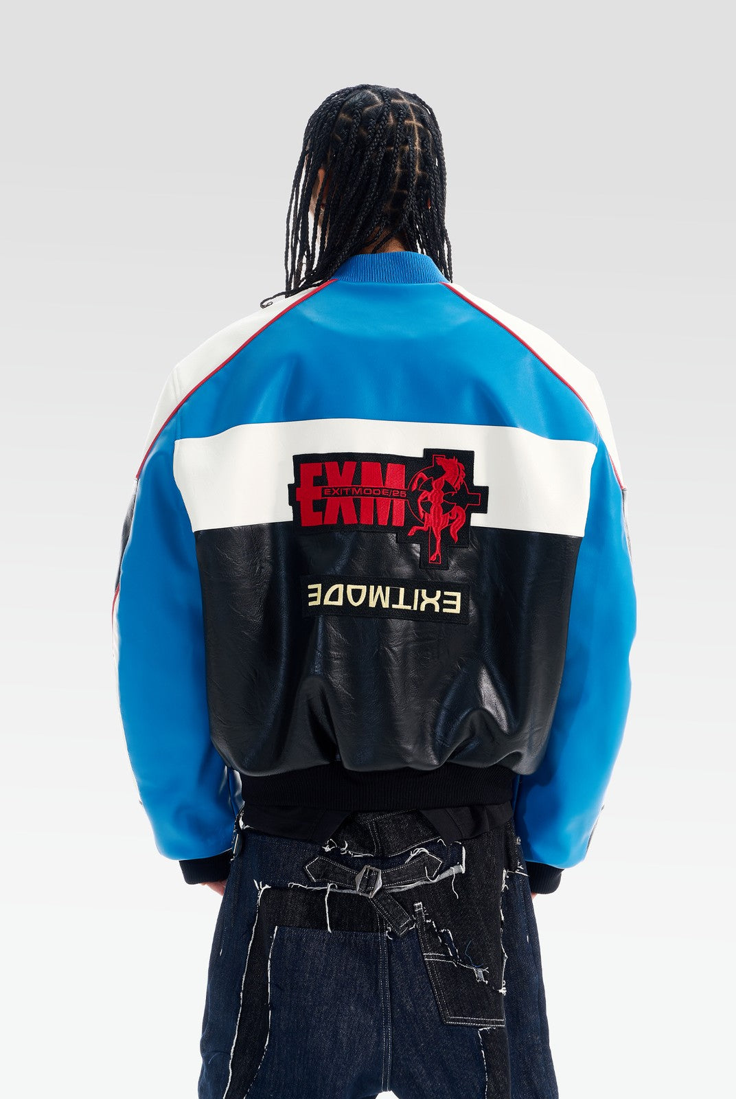 BLINDNOPLAN Color Block Faux Leather Padded Jacket in Blue - On Model