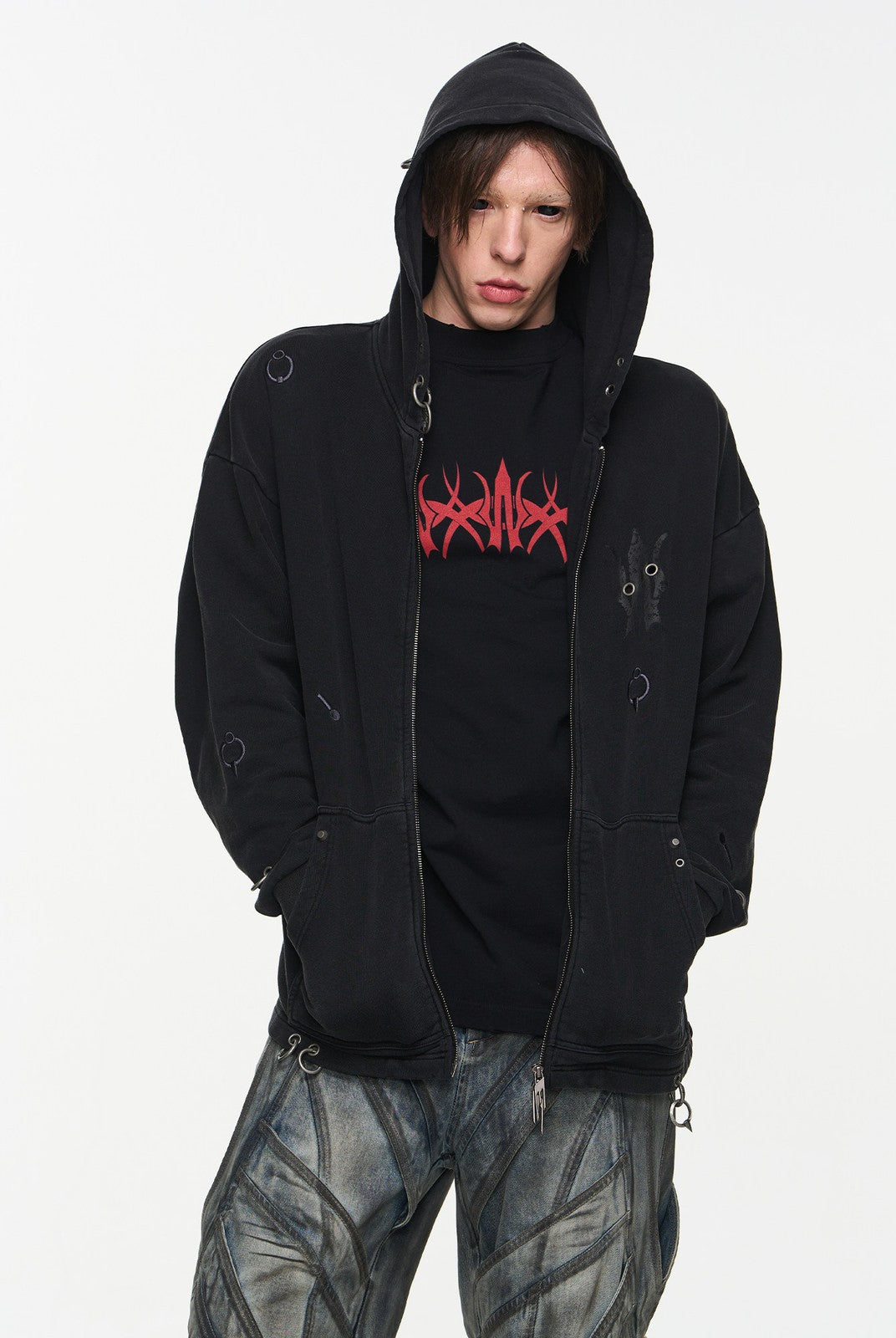 BLINDNOPLAN Washed Distressed Graphic Zip Hoodie in Black - On Male Model