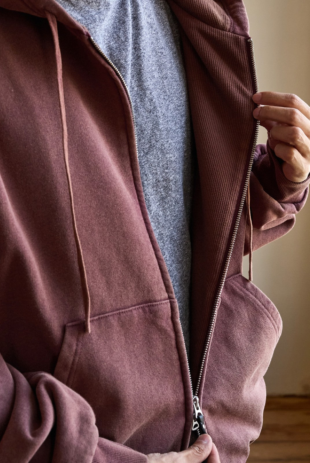 USAGE Vintage Washed Double Layer Zip Hoodie in Burgundy - On Model