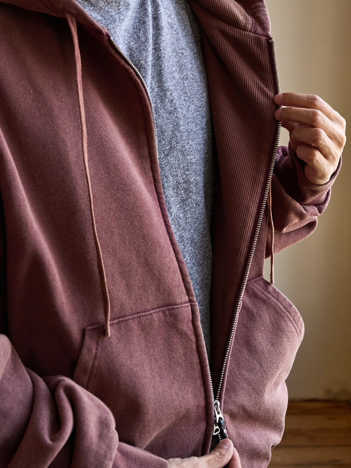 USAGE Vintage Washed Double Layer Zip Hoodie in Burgundy - On Model