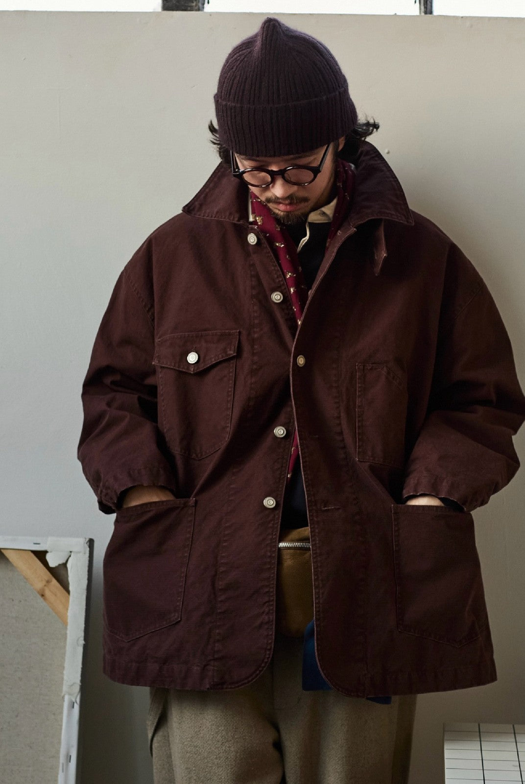 USAGE Washed Heavyweight Cotton Chore Jacket in Brown - On Male Model