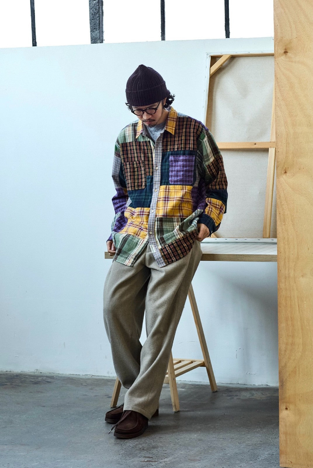 USAGE Cotton Plaid Patchwork Shirt in Patchwork - On Male Model