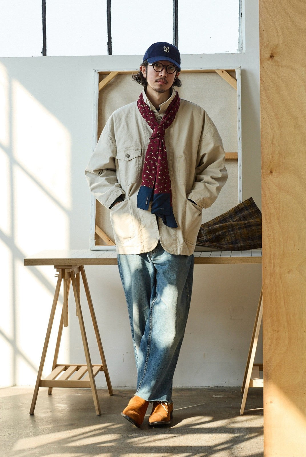 USAGE Washed Heavyweight Cotton Chore Jacket in Beige - On Male Model