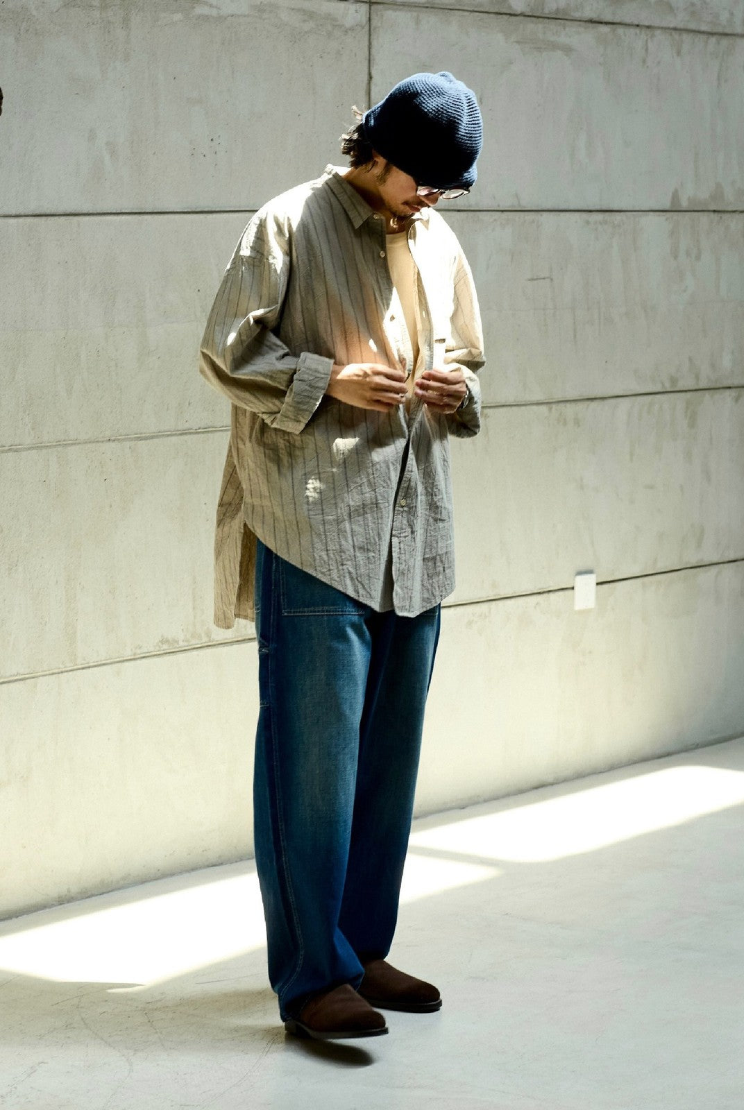 USAGE Crinkled Cotton Striped Button Down in Beige - On Male Model