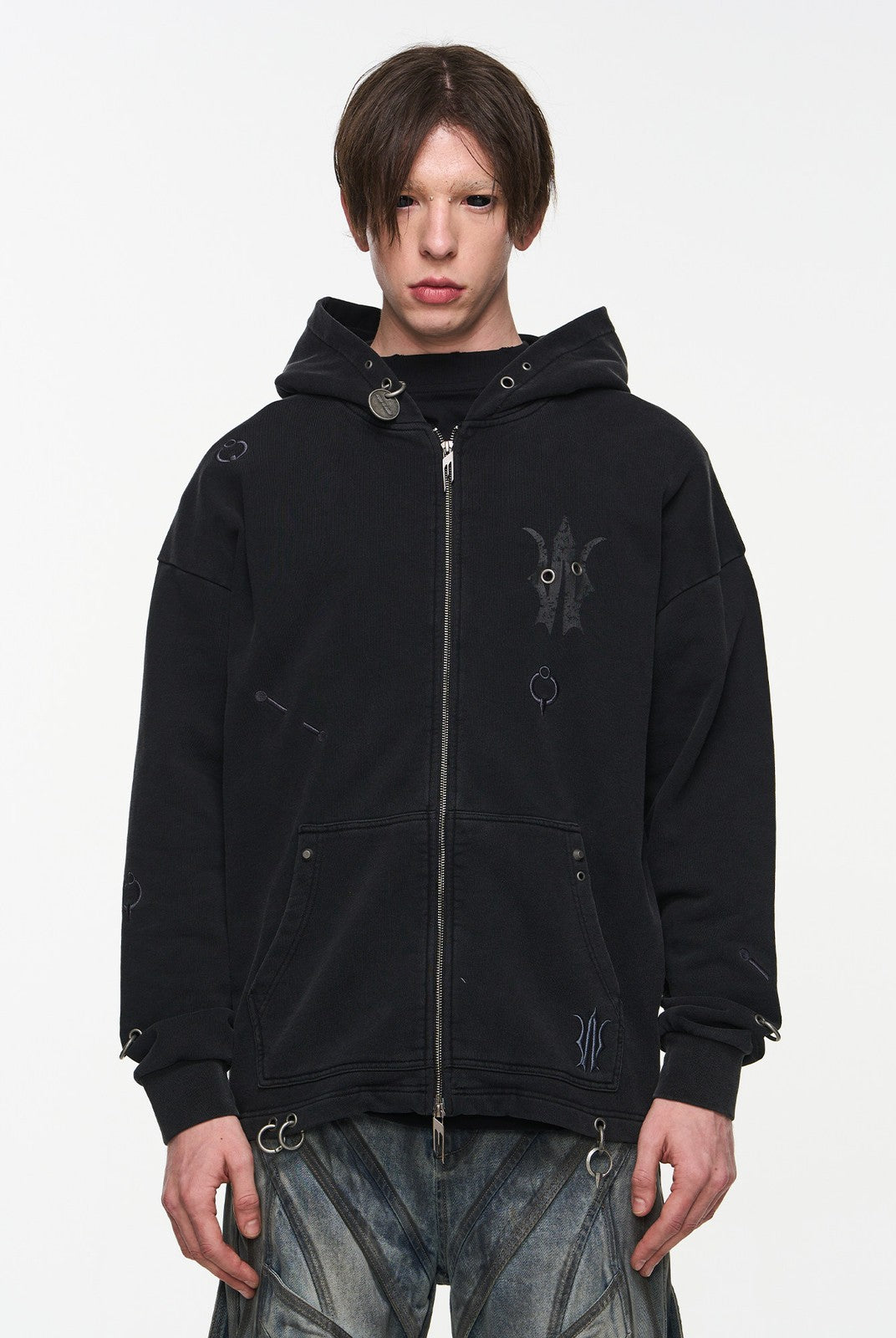 BLINDNOPLAN Washed Distressed Graphic Zip Hoodie in Black - On Male Model