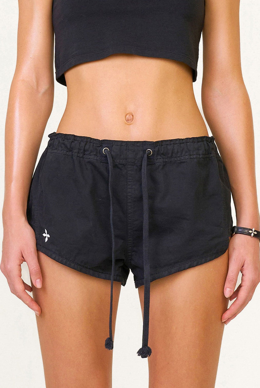 SMFK Low Rise Drawstring Cotton Shorts in Black - On Female Model