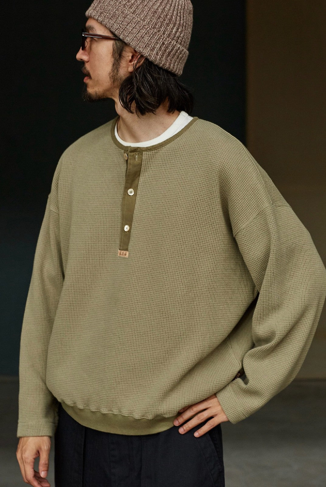 USAGE Heavyweight Waffle Knit Henley Sweatshirt in Olive - On Male Model