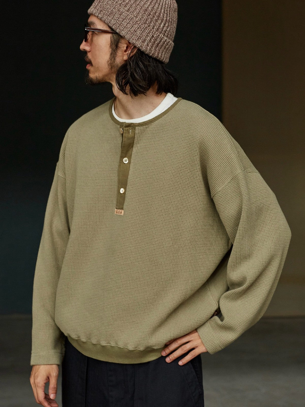USAGE Heavyweight Waffle Knit Henley Sweatshirt in Olive - On Male Model