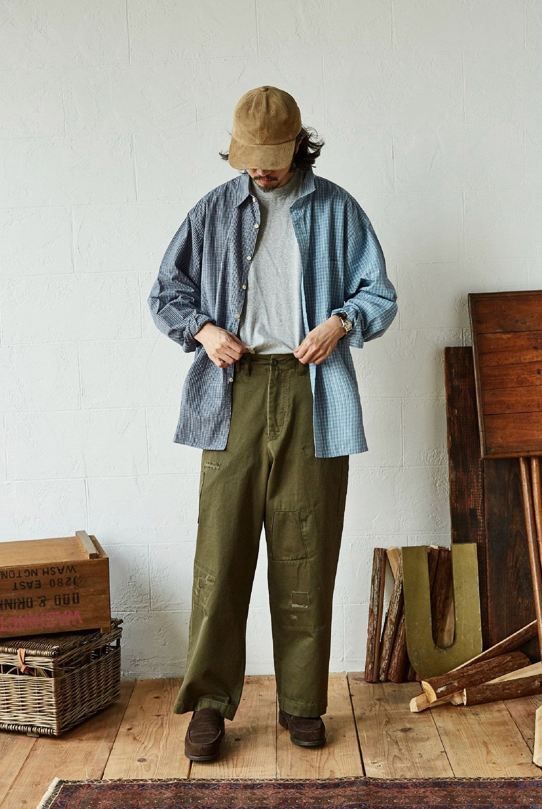 USAGE Hand Distressed Patched Chinos in Olive - On Male Model