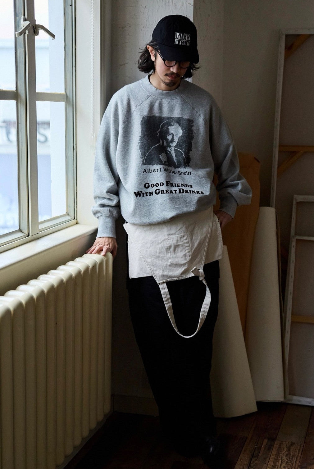 USAGE Washed Cotton Graphic Sweatshirt in Gray - On Male Model