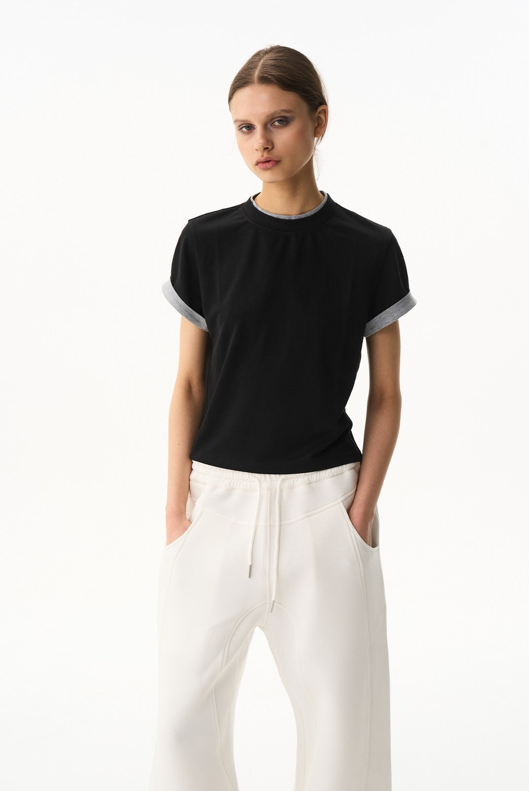 BLINDNOPLAN Embroidered Mock Two Piece T Shirt in Black - On Female Model