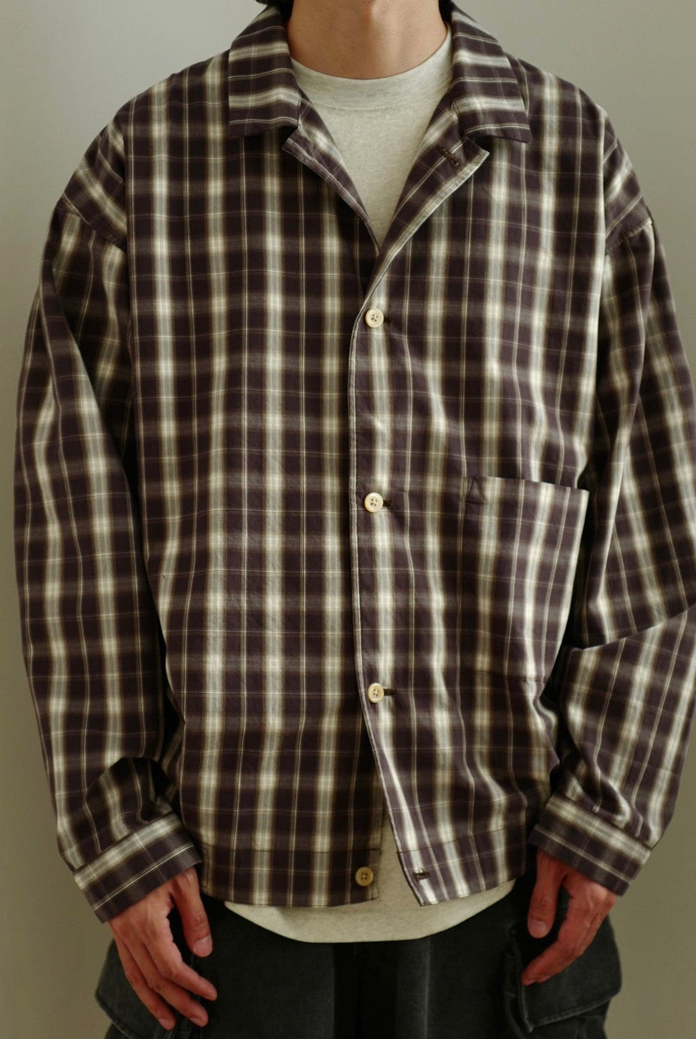 USAGE Gradient Plaid Cotton Blouson in Brown - On Male Model