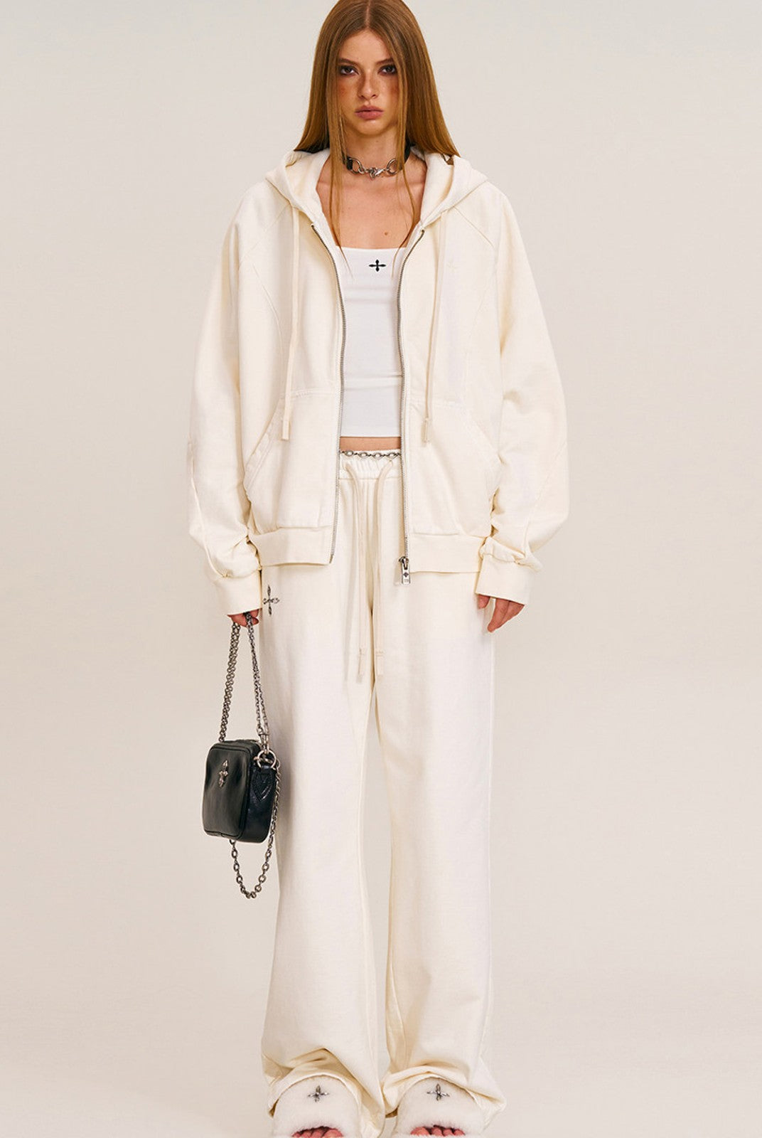 SMFK Distressed Washed Cotton Zip Up Hoodie in White - On Female Model