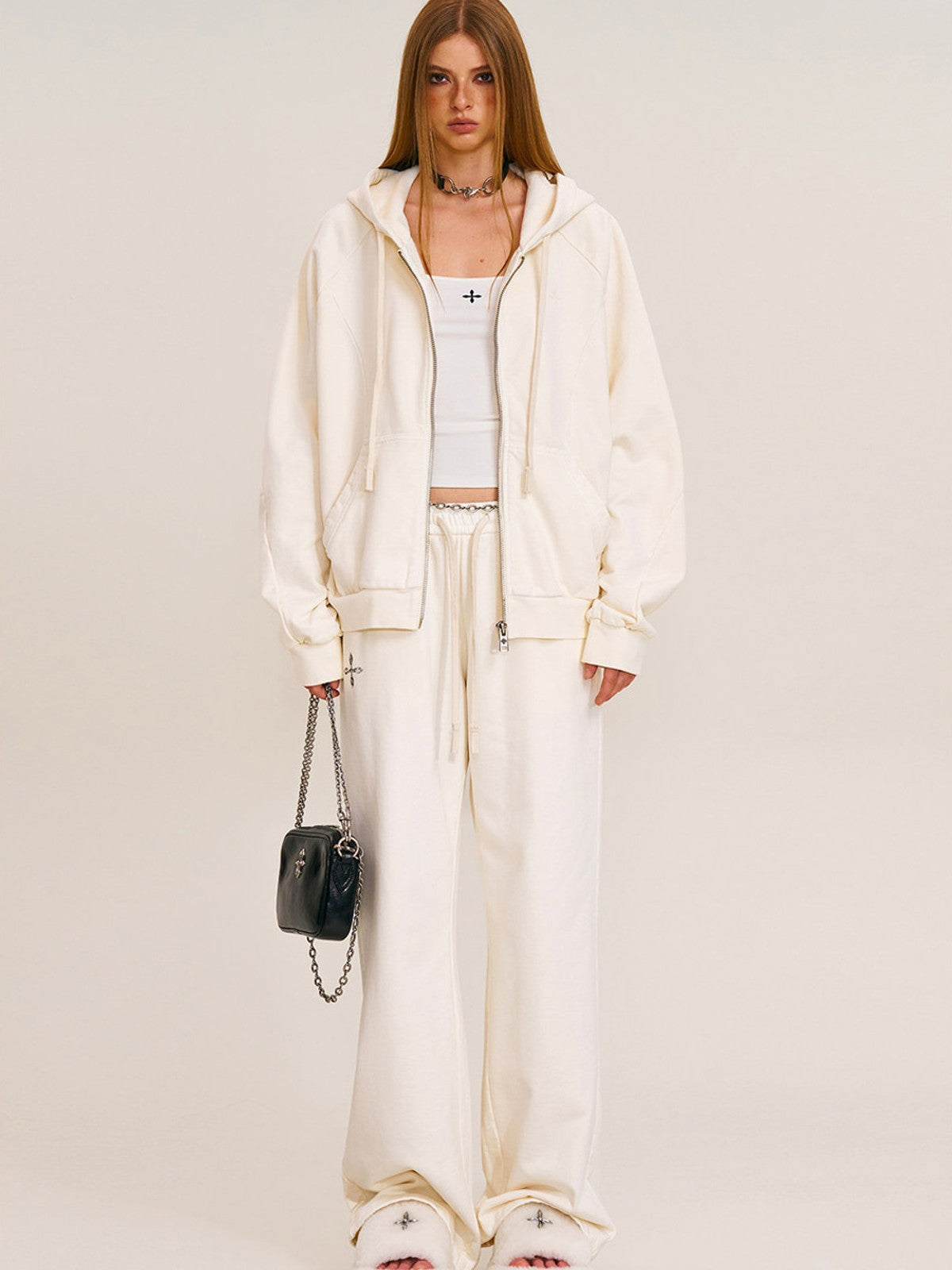 SMFK Distressed Washed Cotton Zip Up Hoodie in White - On Female Model