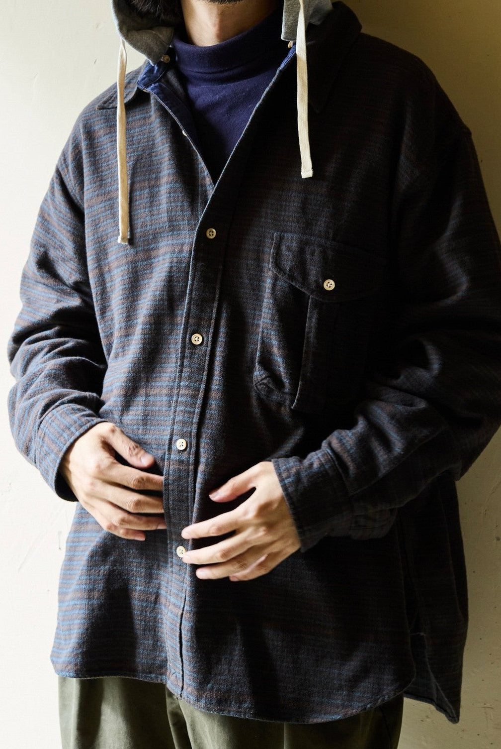 USAGE Detachable Hood Cotton Plaid Shirt in Brown - On Male Model