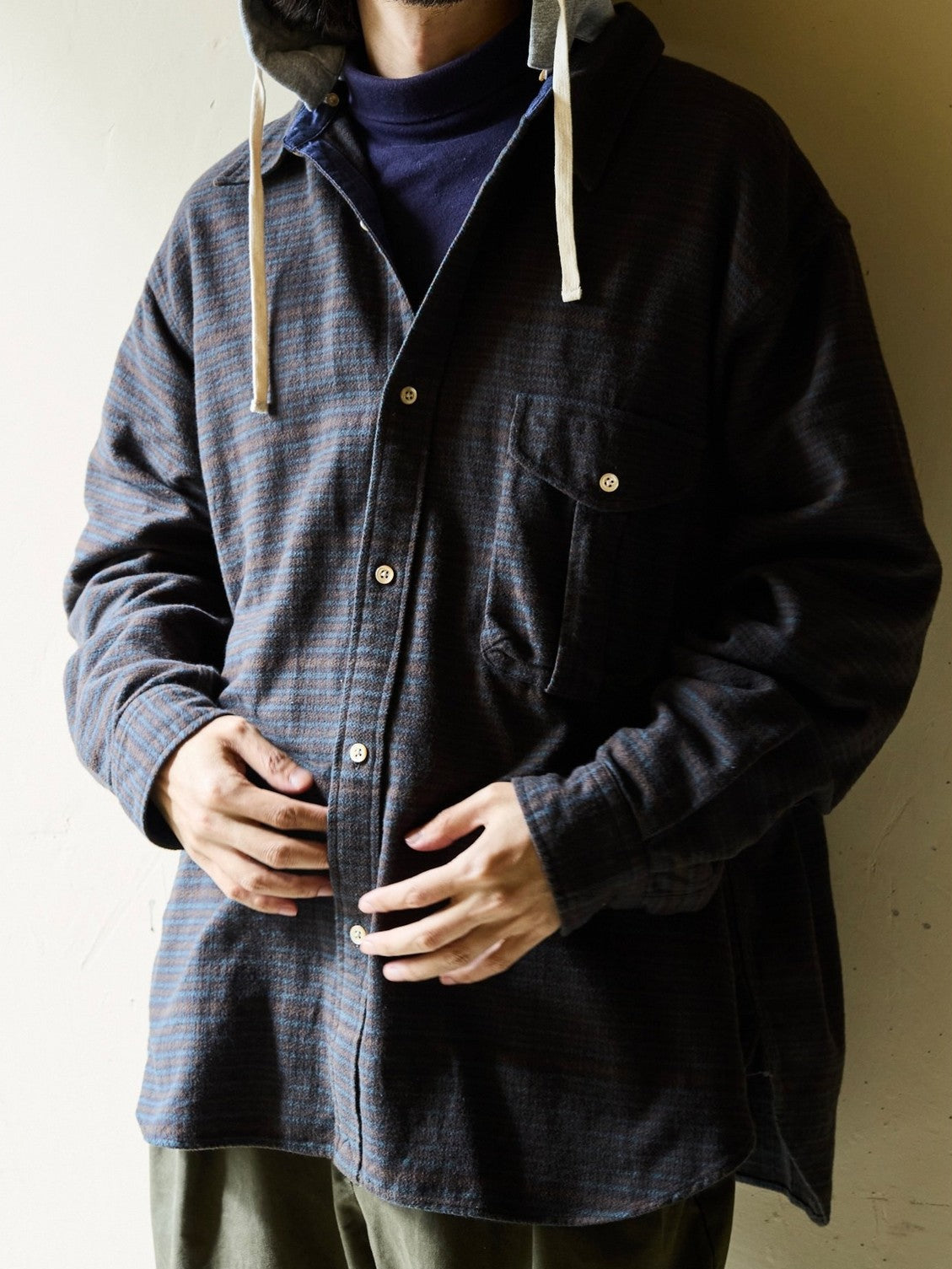 USAGE Detachable Hood Cotton Plaid Shirt in Brown - On Male Model