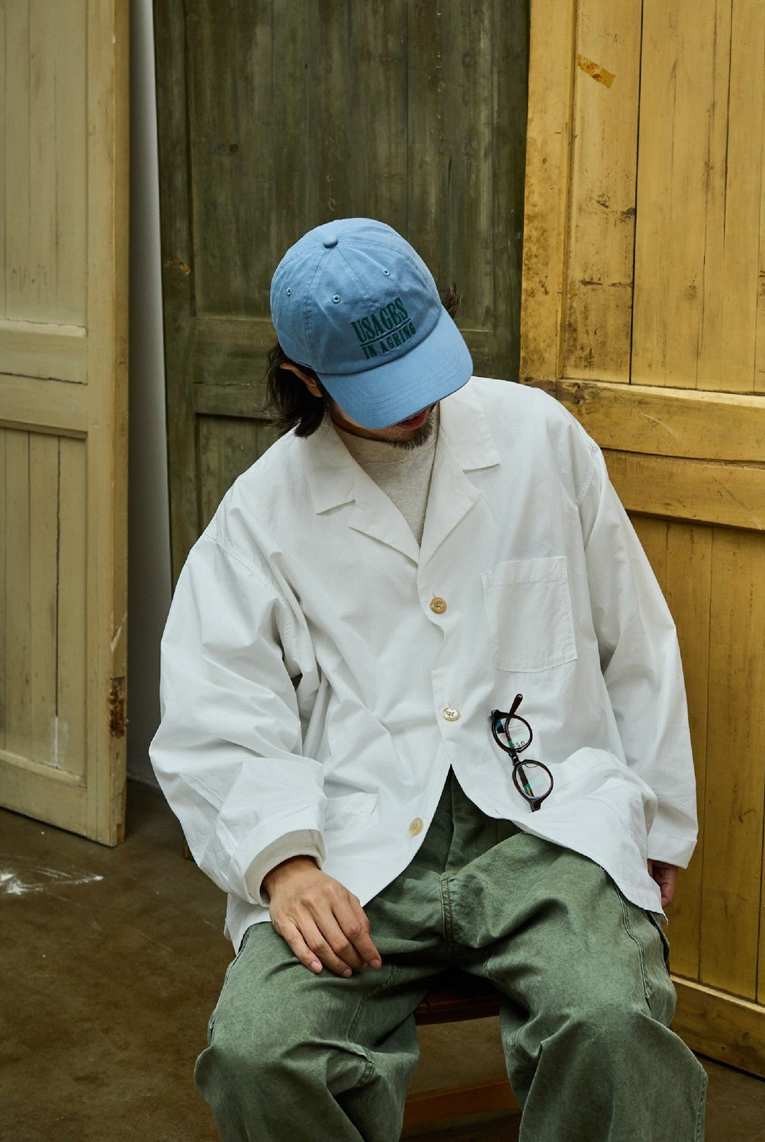 USAGE Cotton Workwear Shirt Jacket in White - On Male Model