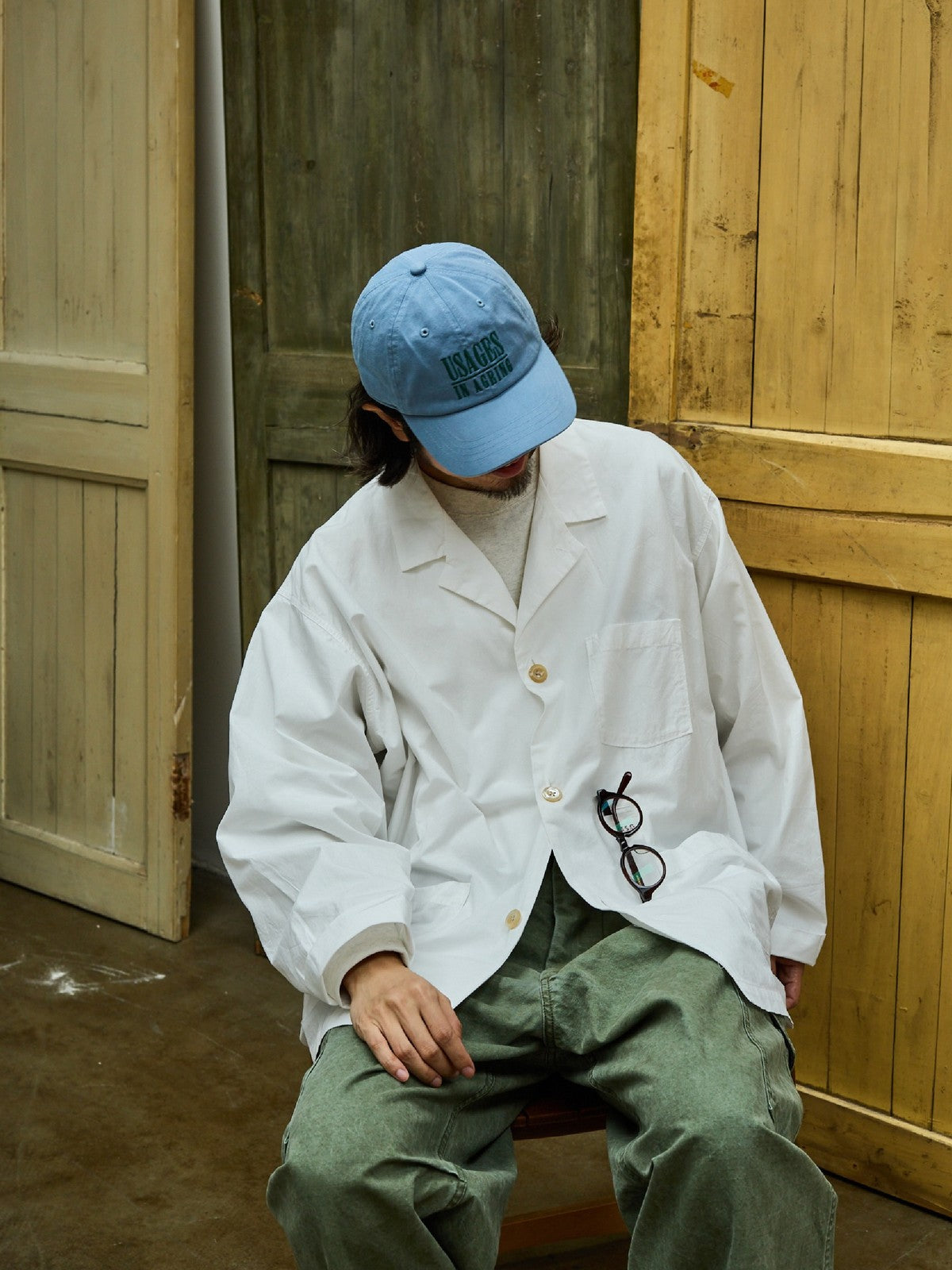 USAGE Cotton Workwear Shirt Jacket in White - On Male Model