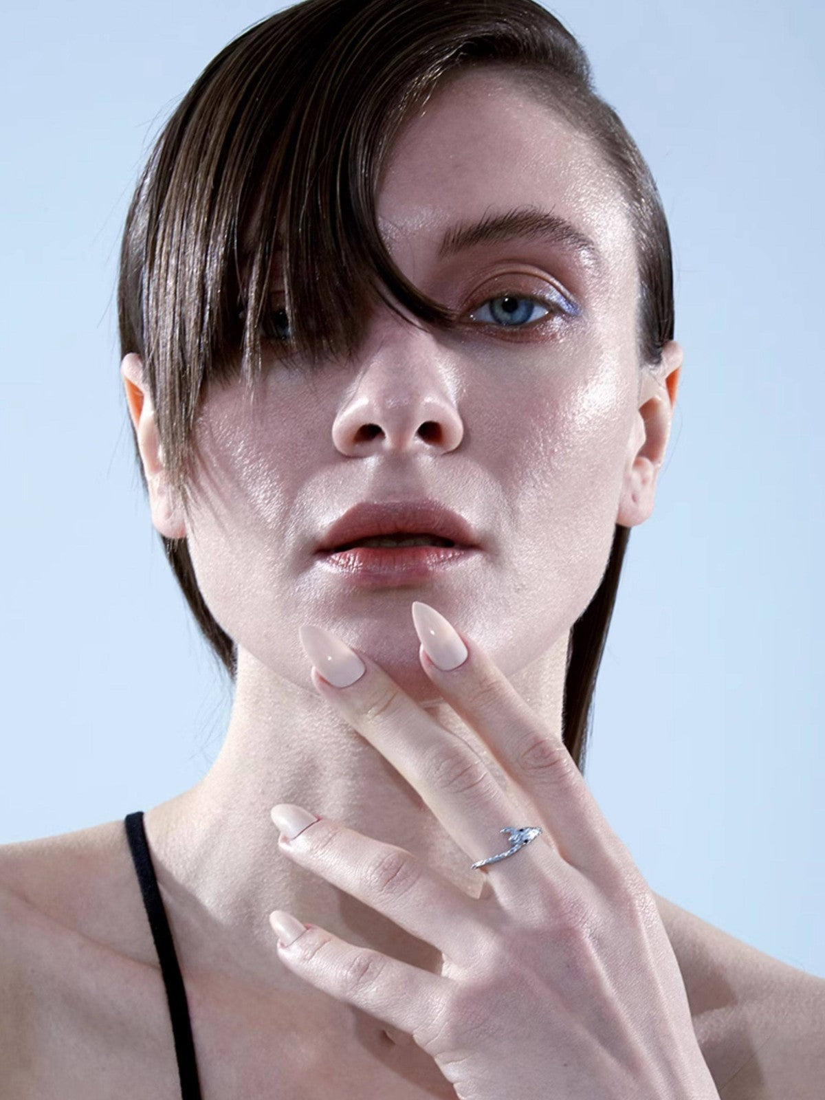 BLACKHEAD Serpentine Steel Rhinestone Ring in Silver - On Female Model
