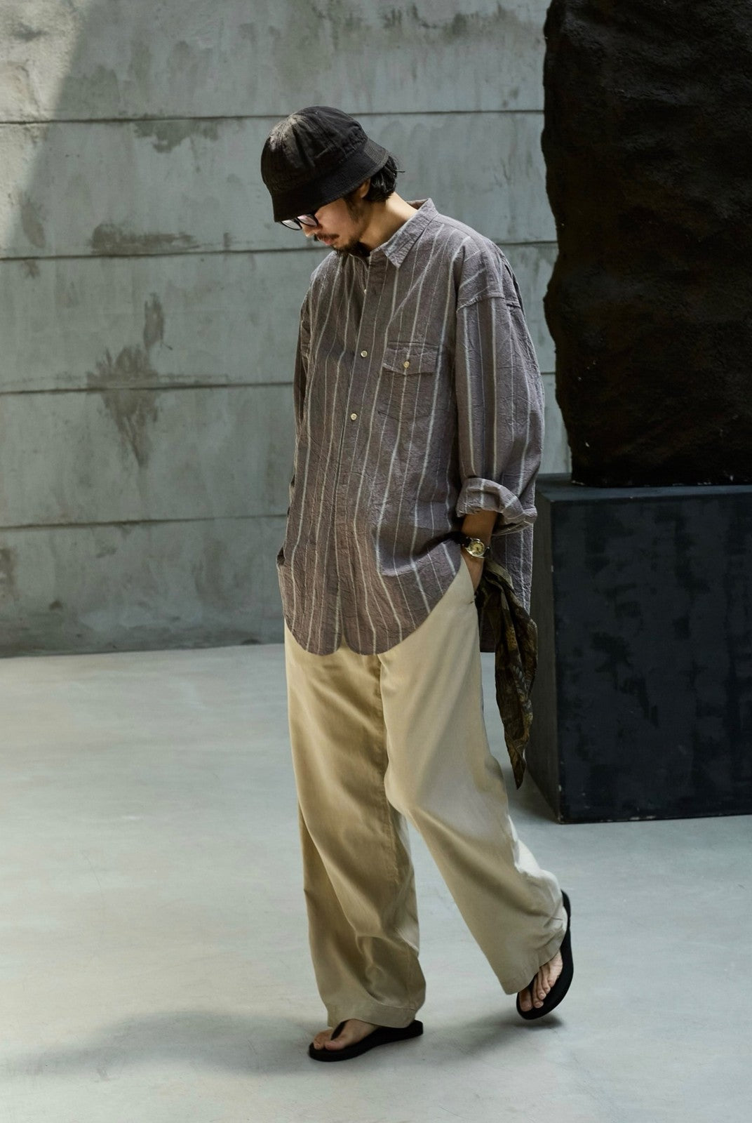 USAGE Crinkled Cotton Striped Button Down in Gray - On Male Model