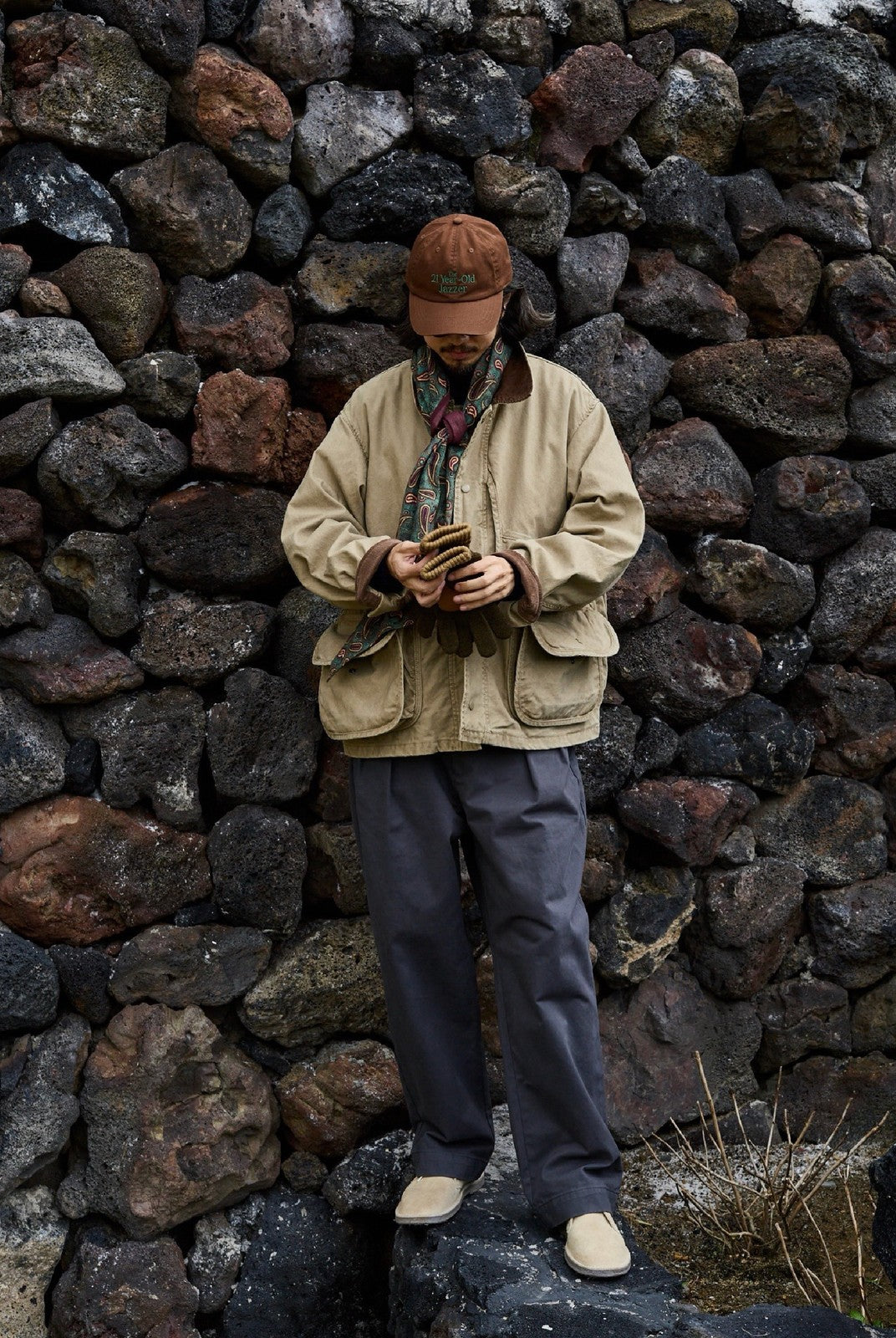 USAGE Heavyweight Cotton Canvas Barn Jacket in Beige - On Male Model