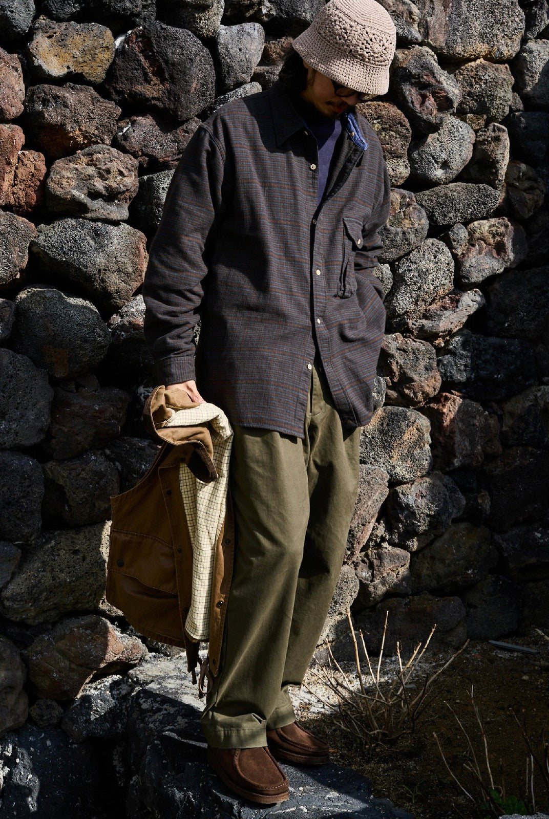 USAGE Detachable Hood Cotton Plaid Shirt in Brown - On Male Model