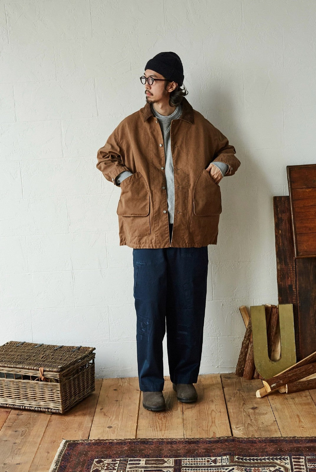 USAGE Heavyweight Canvas Hunting Jacket in Beige - On Male Model