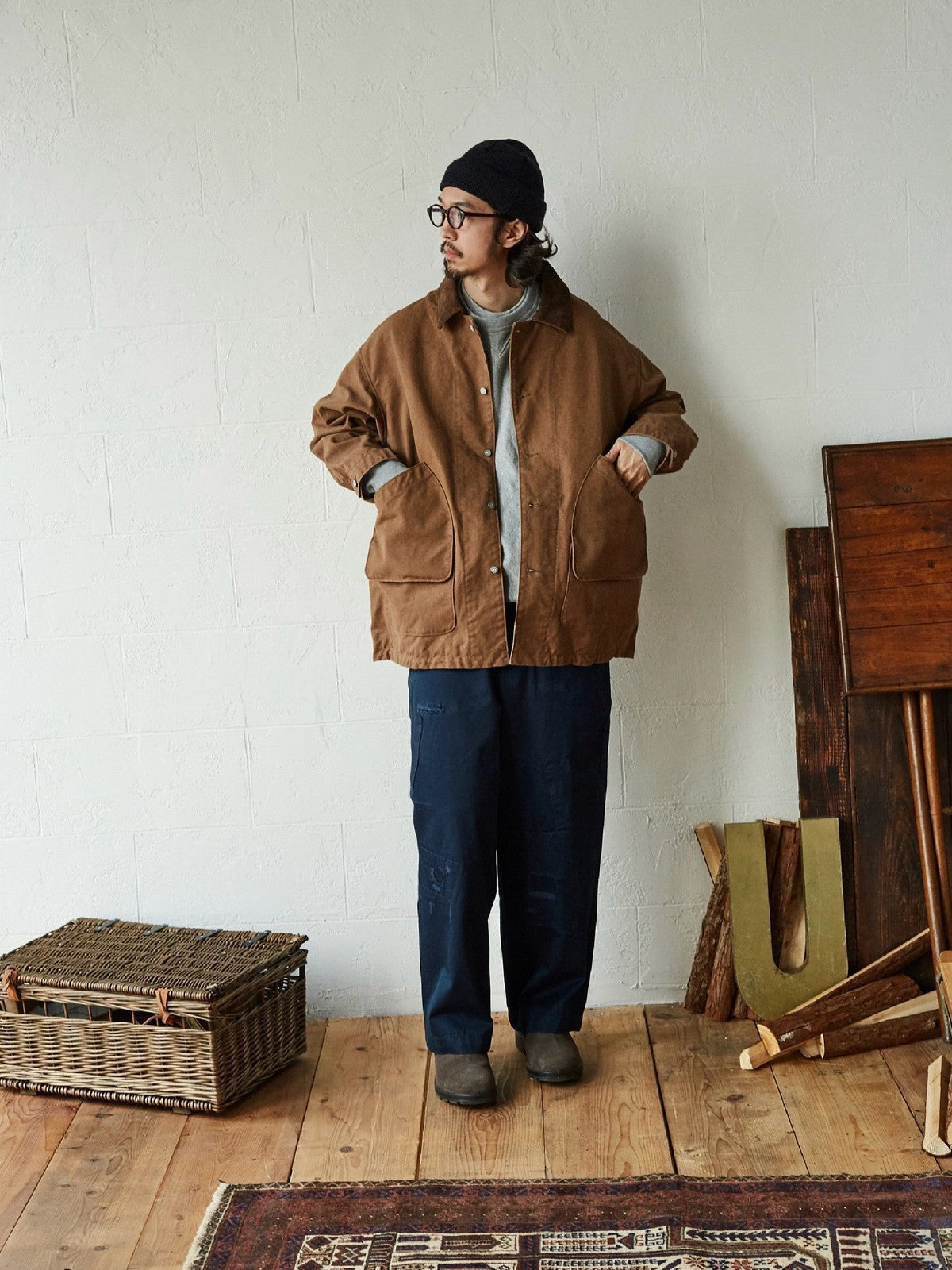 USAGE Heavyweight Canvas Hunting Jacket in Beige - On Male Model