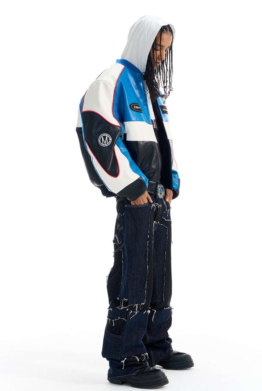 BLINDNOPLAN Color Block Faux Leather Padded Jacket in Blue - On Male Model