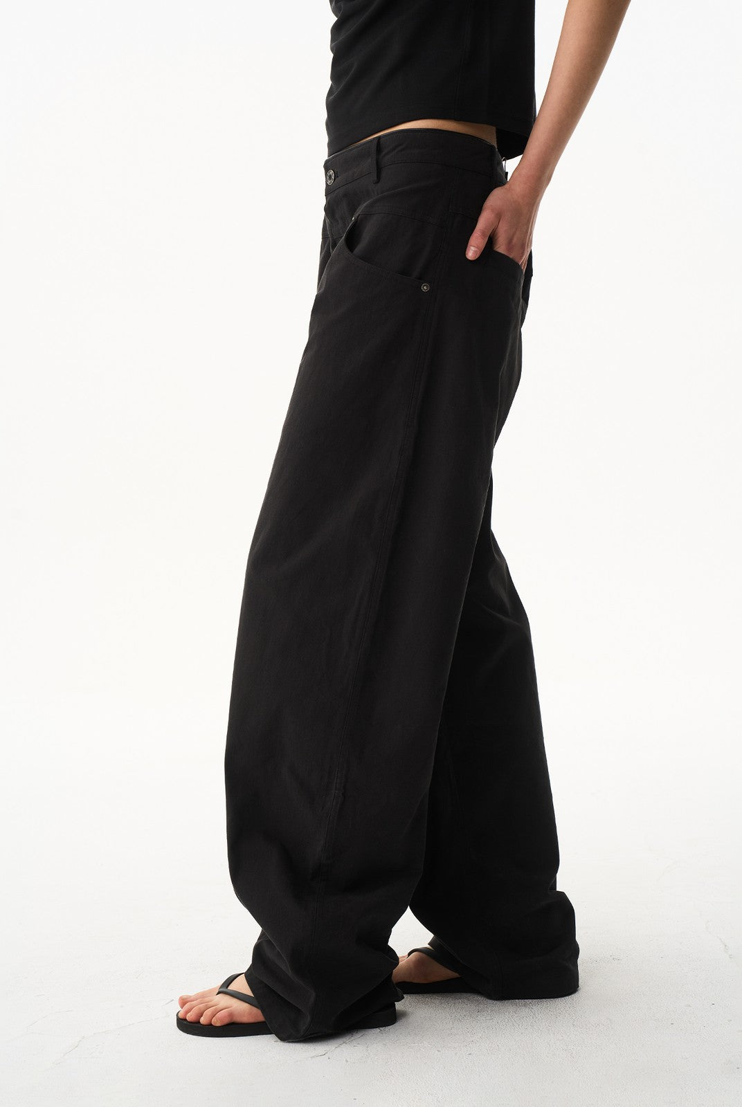 BLINDNOPLAN Leather Spliced Straight Leg Pants in Black - On Model