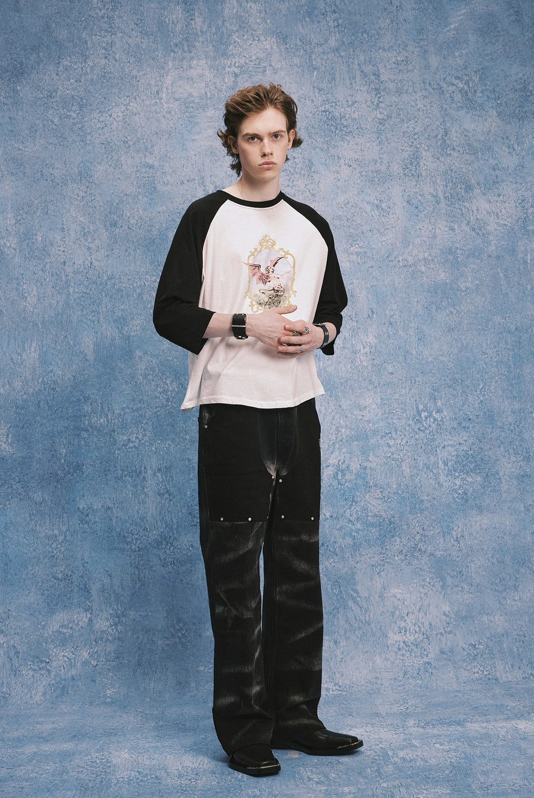 SOD Rivet Panel Micro Flare Jeans in Black - On Male Model