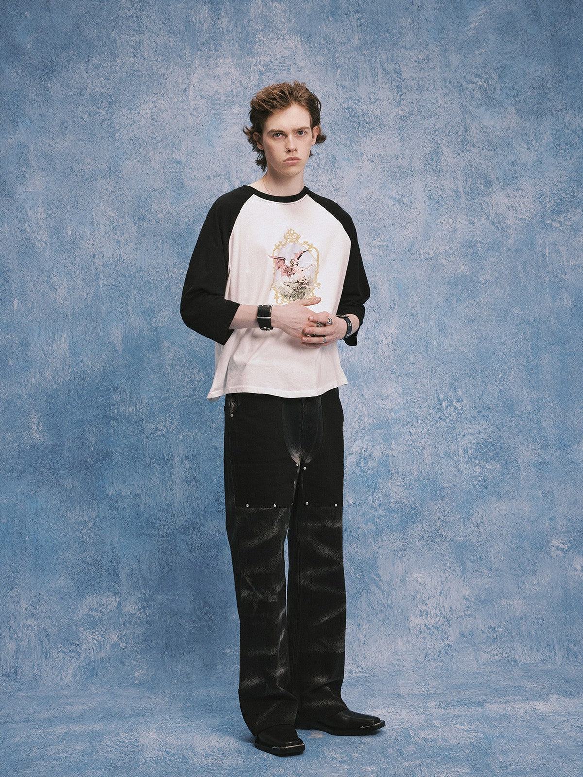 SOD Rivet Panel Micro Flare Jeans in Black - On Male Model